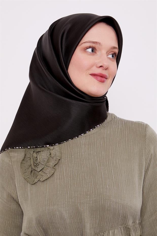 Haki Çizgili Twill İpek Eşarp