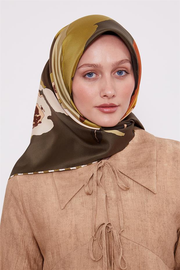 Haki Çizim Çiçek Desen Twill İpek Eşarp