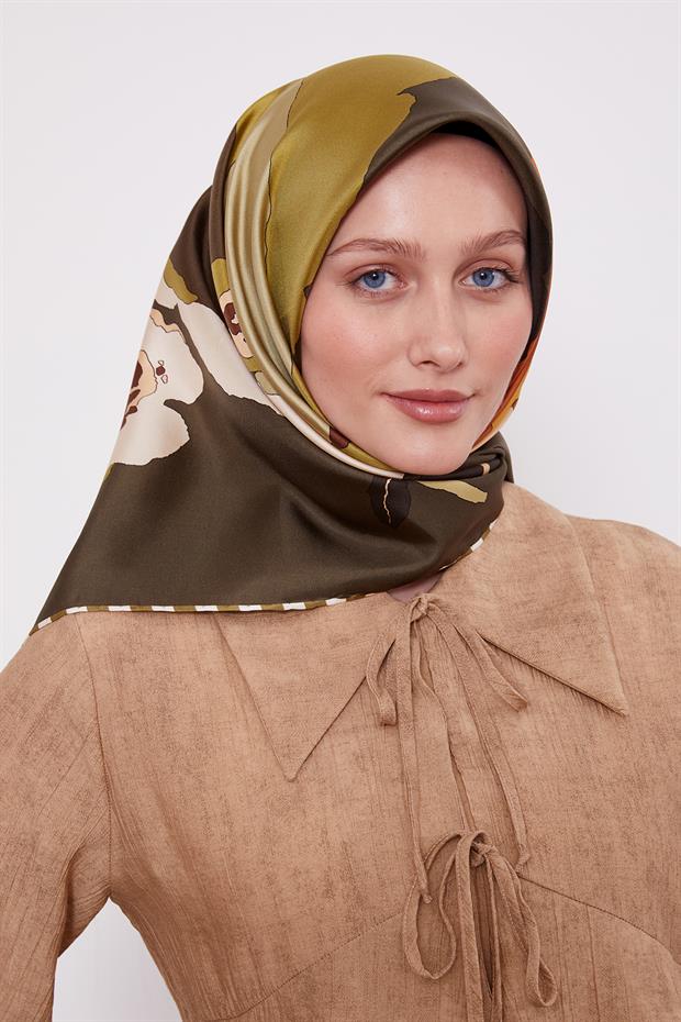 Haki Çizim Çiçek Desen Twill İpek Eşarp