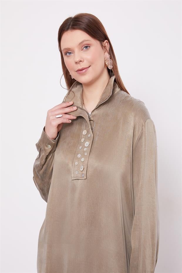 Haki Dik Yaka Düğme Detaylı Cupra İkili Takım