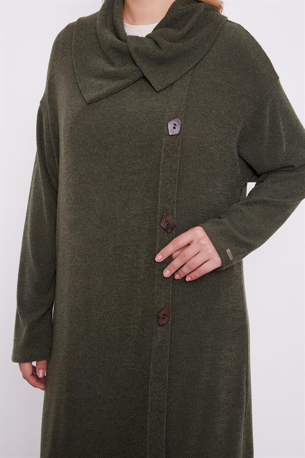 Haki Düğme Detaylı Pantolonlu Tunik Takım