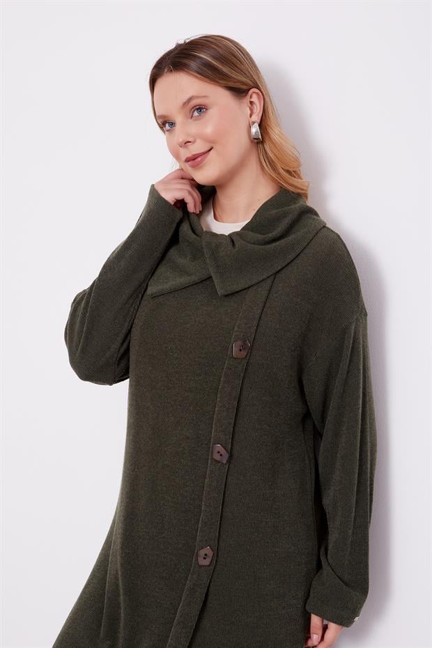 Haki Düğme Detaylı Pantolonlu Tunik Takım