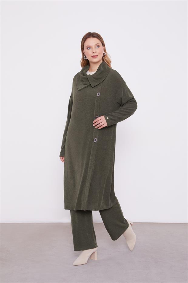 Haki Düğme Detaylı Pantolonlu Tunik Takım