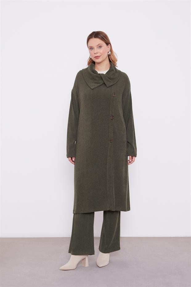 Haki Düğme Detaylı Pantolonlu Tunik Takım