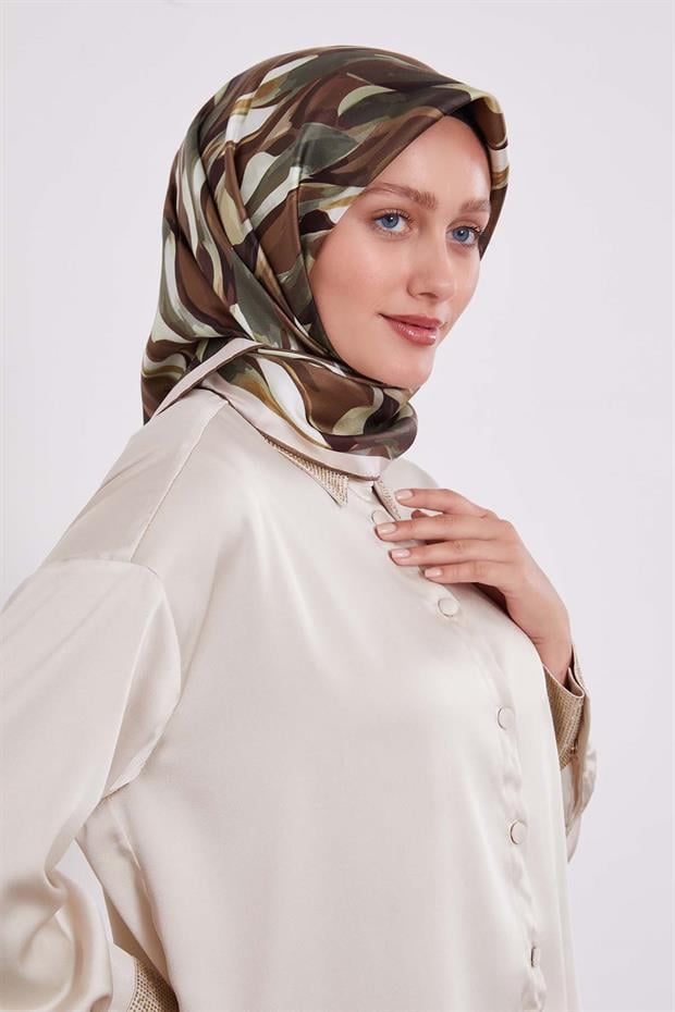 Haki Ebruli Desen Twill İpek Eşarp