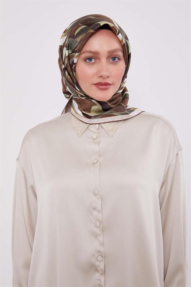Haki Ebruli Desen Twill İpek Eşarp