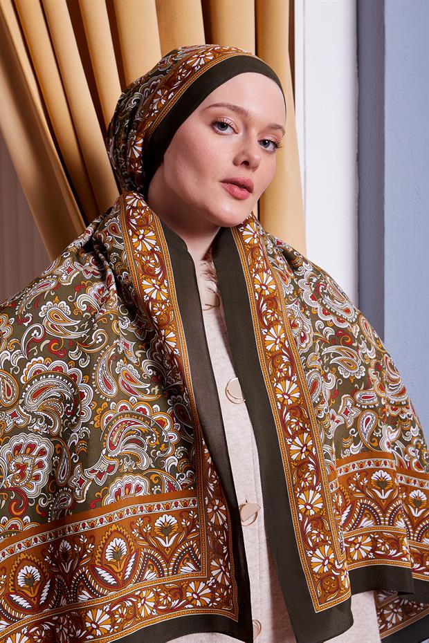 Haki Etnik Çiçekli Royal Şal