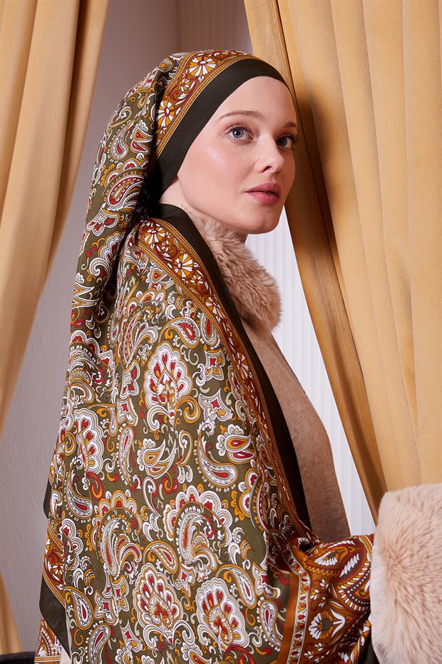 Haki Etnik Çiçekli Royal Şal