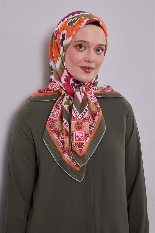 Haki Motif Desen Pamuk Eşarp