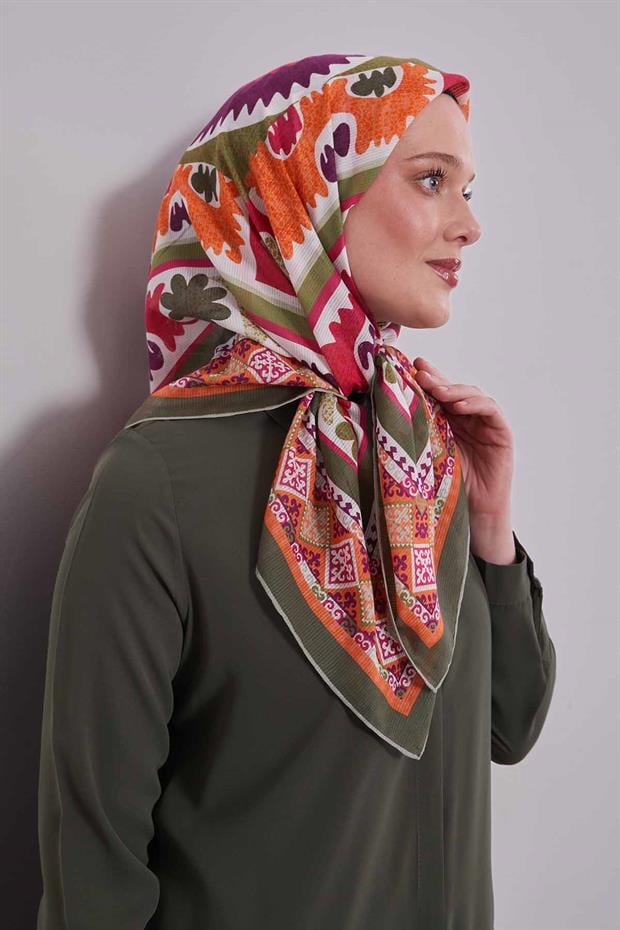 Haki Motif Desen Pamuk Eşarp