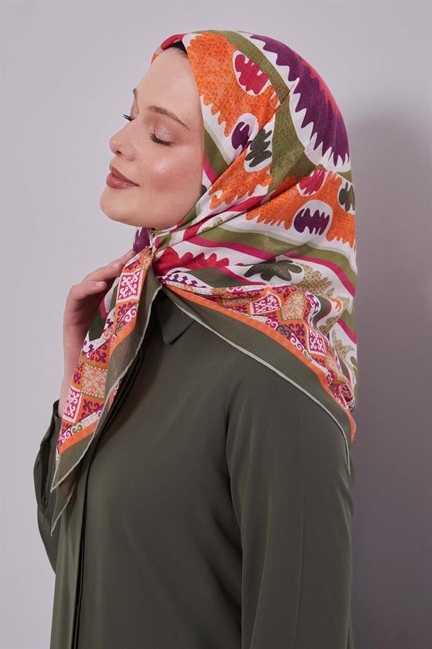 Haki Motif Desen Pamuk Eşarp