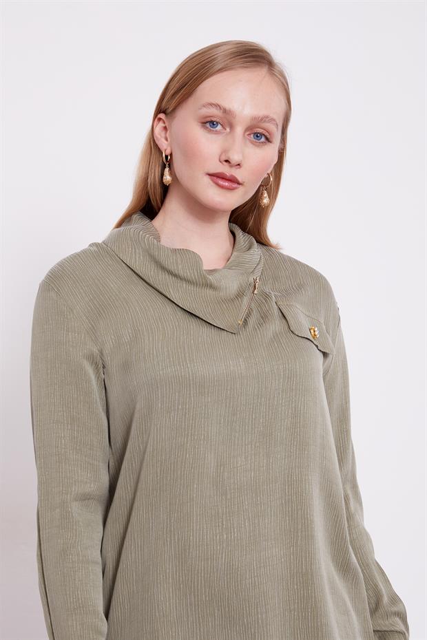 Haki Fermuar Detaylı Tunik Takım