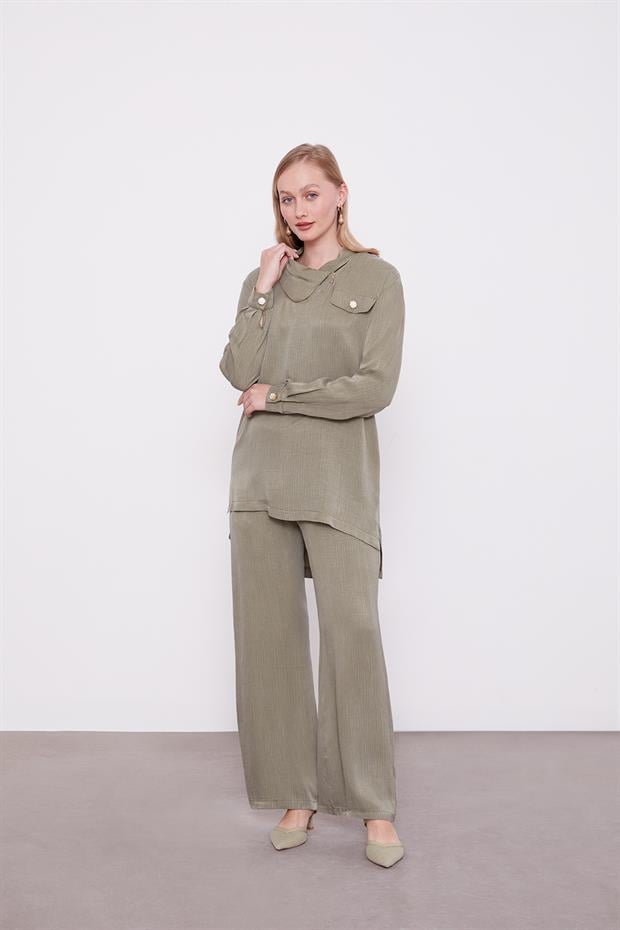 Haki Fermuar Detaylı Tunik Takım