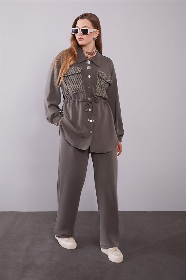 Haki File Cep Detaylı İkili Takım