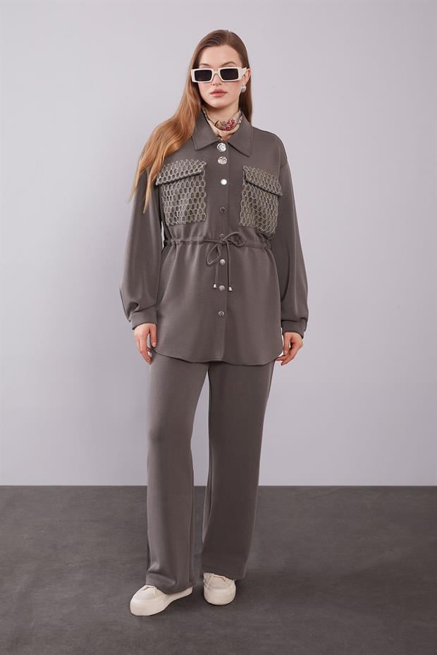 Haki File Cep Detaylı İkili Takım