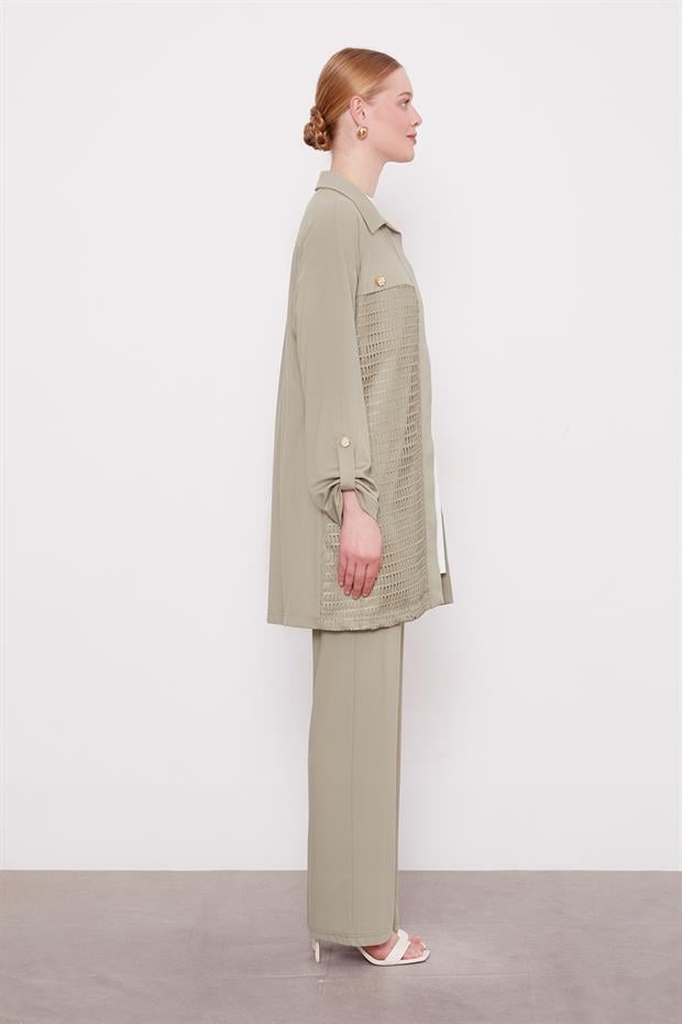 Haki File Detay Üçlü Ceket Takım