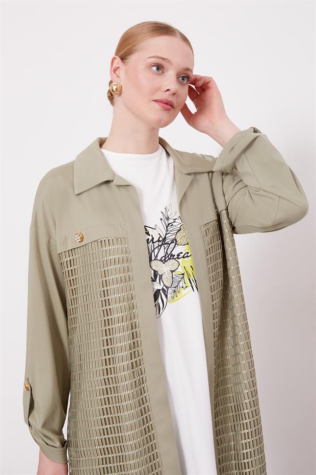 Haki File Detay Üçlü Ceket Takım