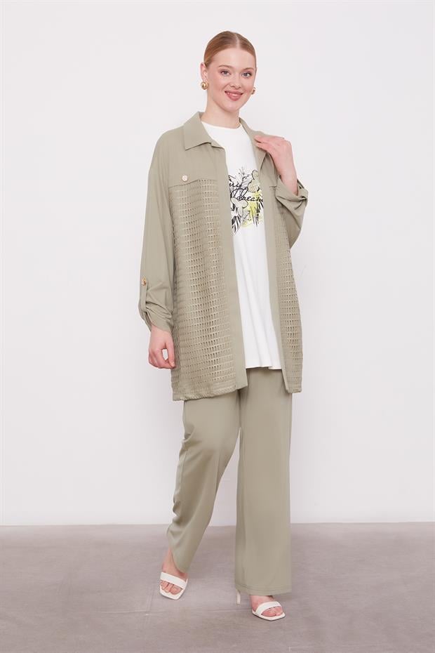 Haki File Detay Üçlü Ceket Takım