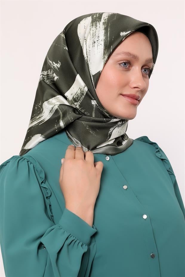 Haki Fırça İzi Desen Twill İpek Eşarp