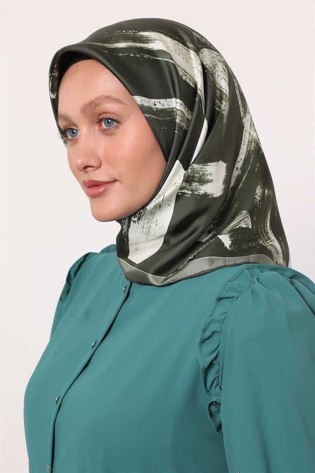 Haki Fırça İzi Desen Twill İpek Eşarp