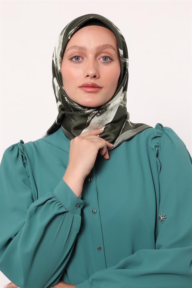 Haki Fırça İzi Desen Twill İpek Eşarp