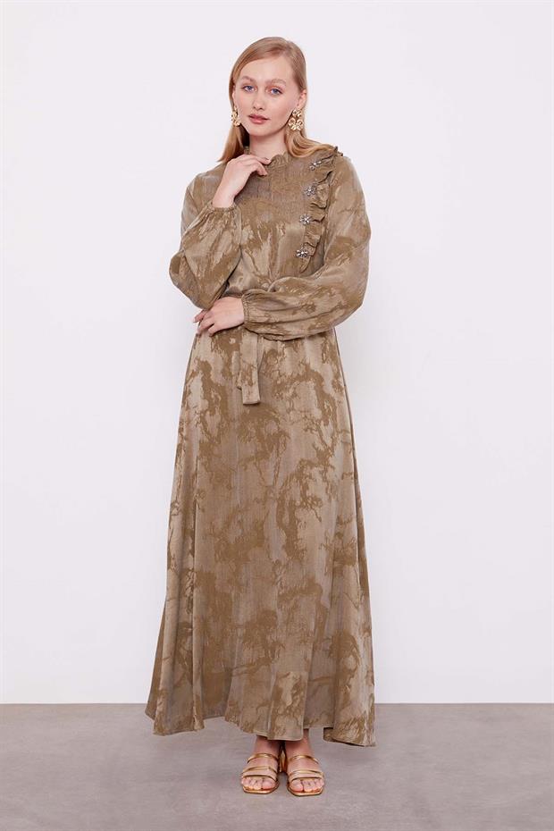 Haki Fırfır Detaylı Cupra Elbise