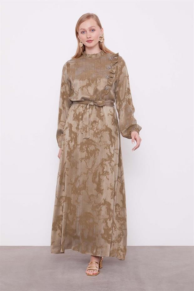 Haki Fırfır Detaylı Cupra Elbise