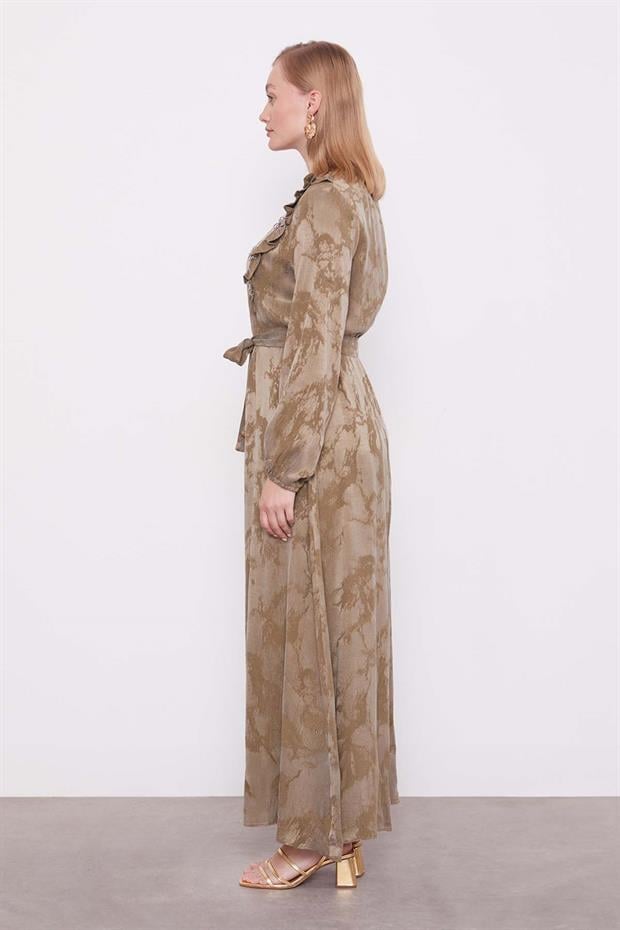 Haki Fırfır Detaylı Cupra Elbise