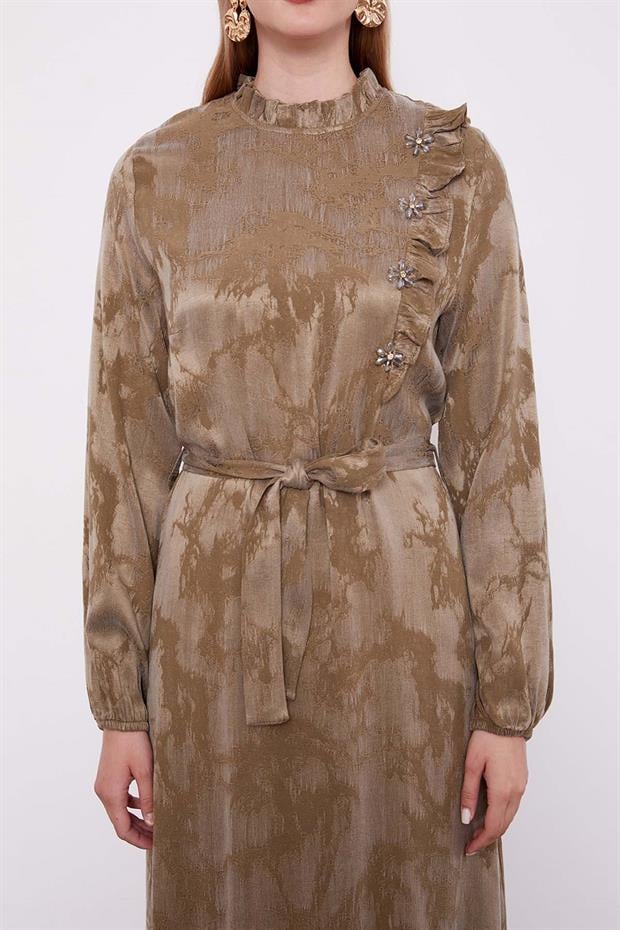 Haki Fırfır Detaylı Cupra Elbise