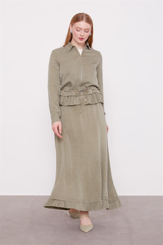 Haki Fırfır Detaylı Cupra Etek Takım