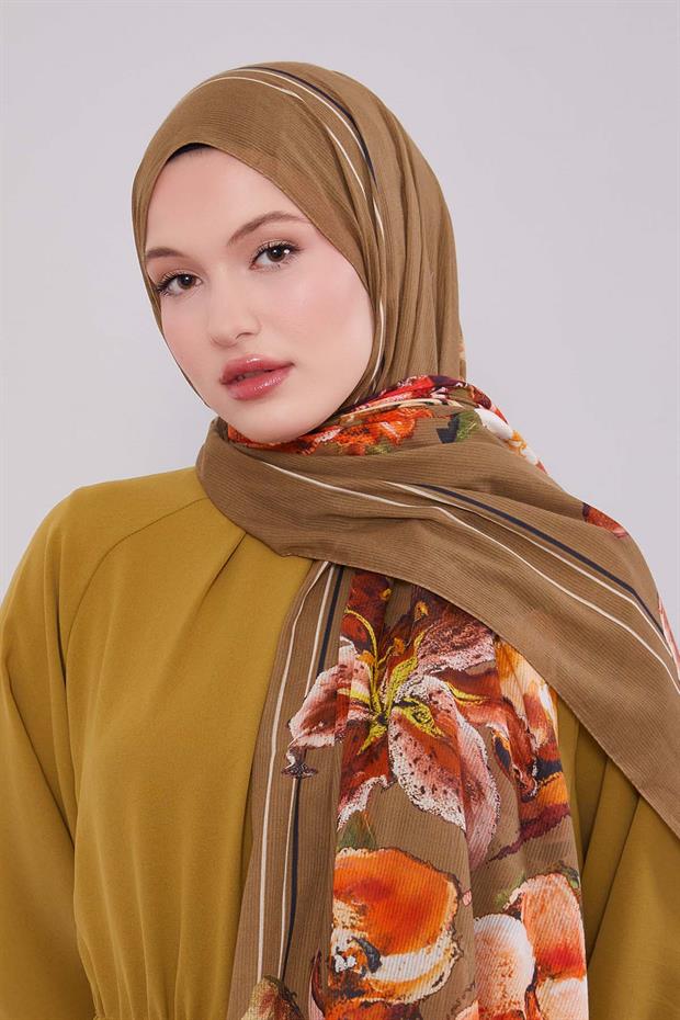 Haki Gül Desen Pamuk Şal