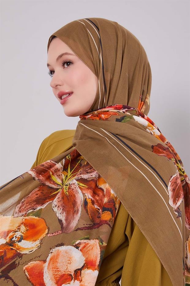 Haki Gül Desen Pamuk Şal