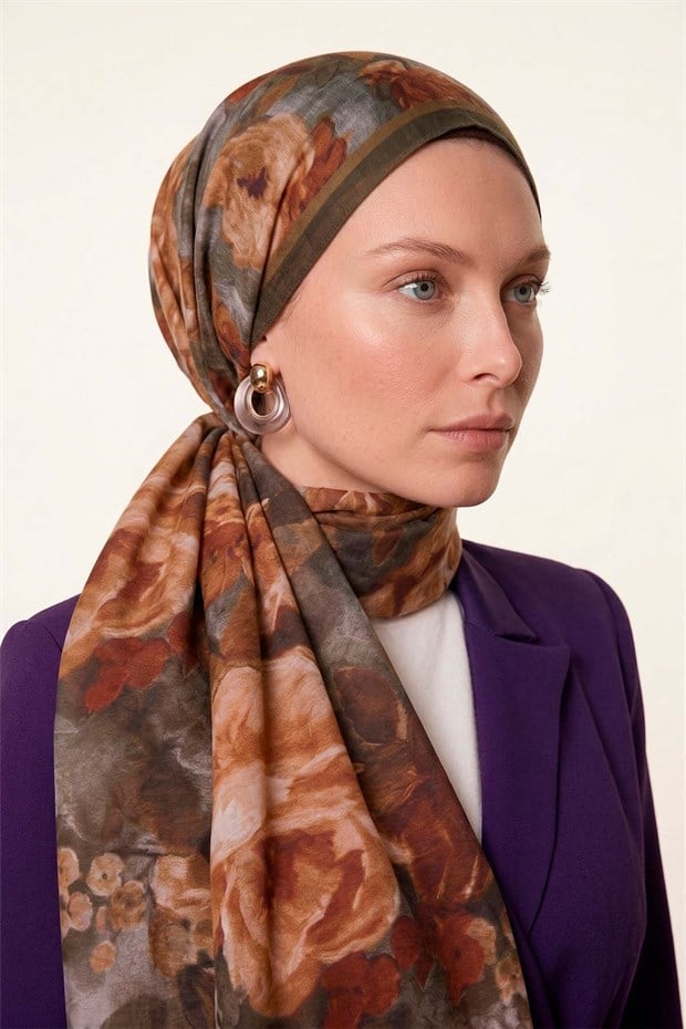 Haki Gül Desenli Tencel Şal