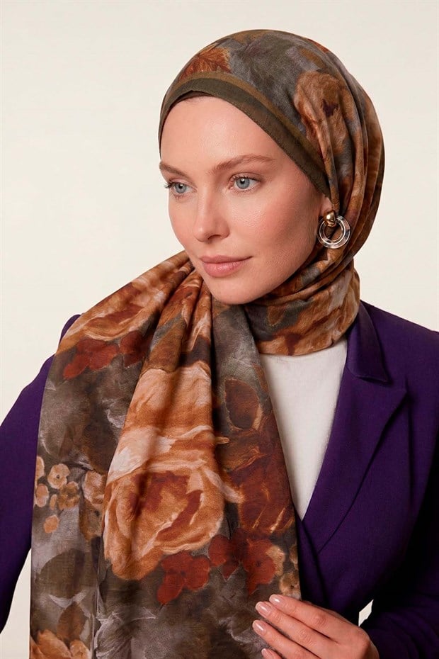 Haki Gül Desenli Tencel Şal