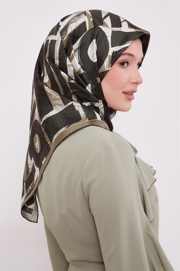 Haki Harf Baskılı Twill İpek Eşarp