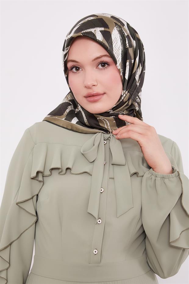 Haki Harf Baskılı Twill İpek Eşarp