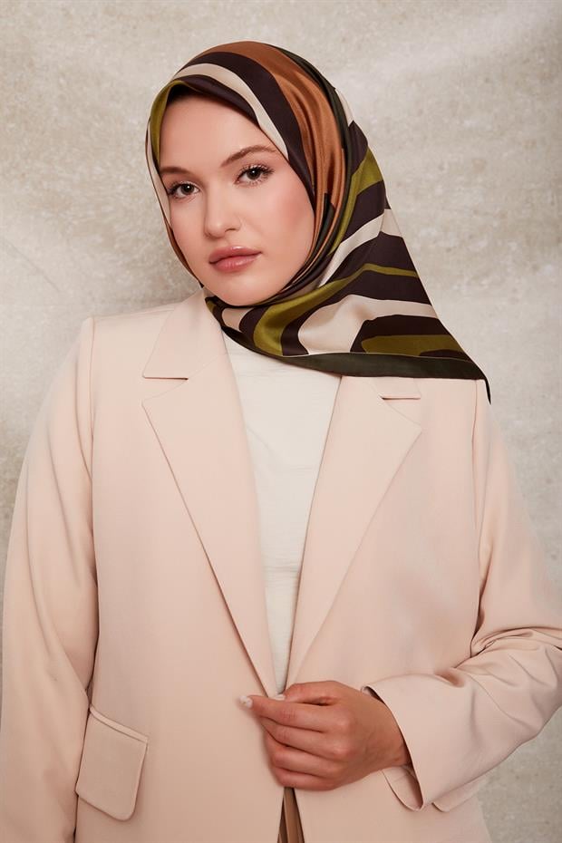 Haki Kalın Çizgili Twill İpek Eşarp