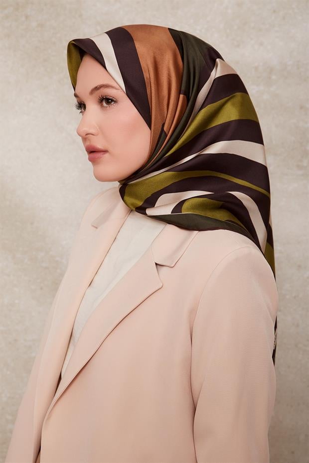Haki Kalın Çizgili Twill İpek Eşarp