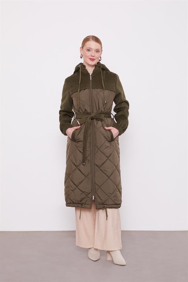 Haki Kapitone Kaşeli Kuşak Detay Mont