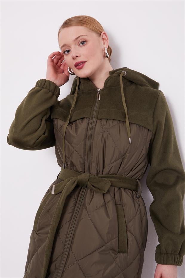 Haki Kapitone Kaşeli Kuşak Detay Mont