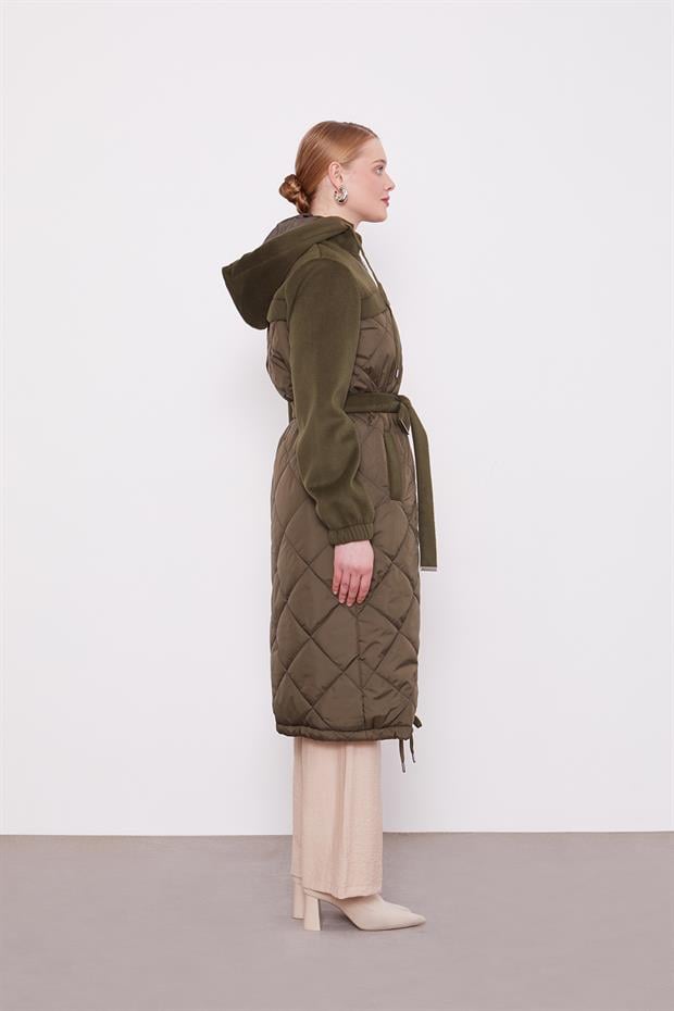 Haki Kapitone Kaşeli Kuşak Detay Mont