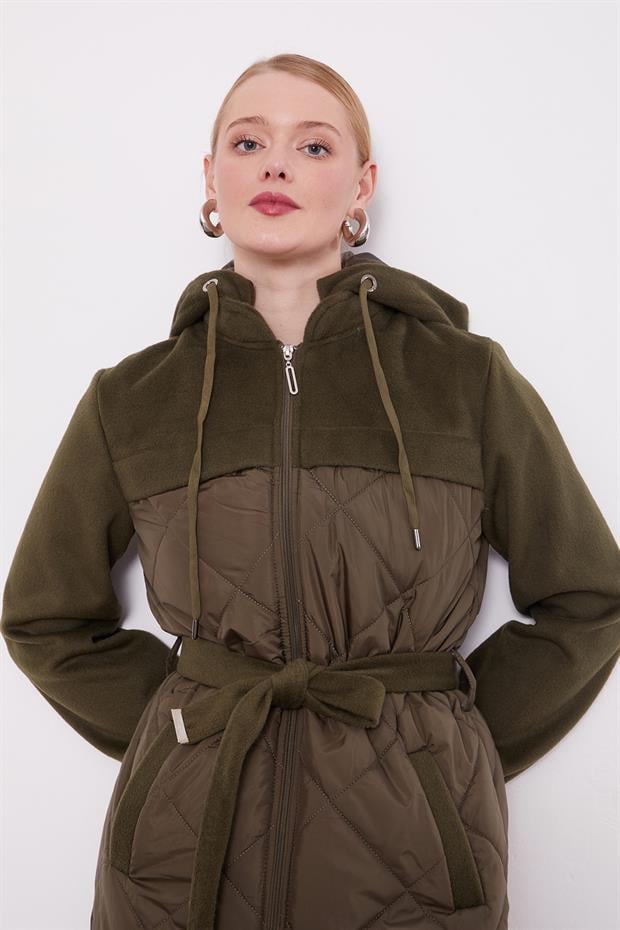Haki Kapitone Kaşeli Kuşak Detay Mont