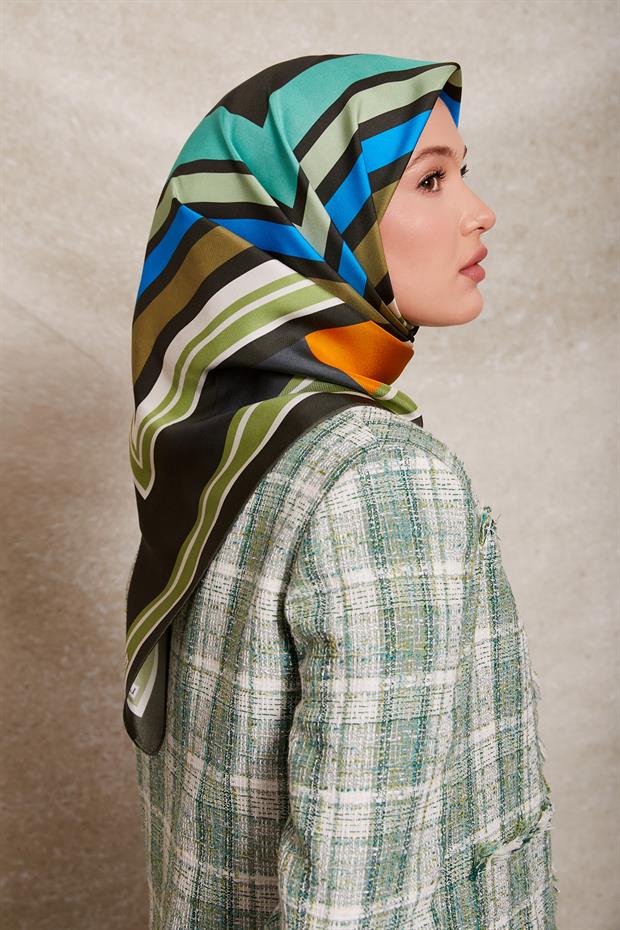 Haki Kare Desen Twill İpek Eşarp