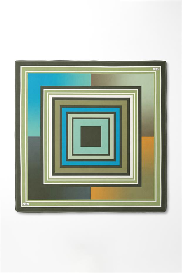 Haki Kare Desen Twill İpek Eşarp