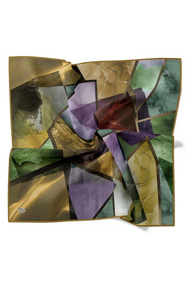 Haki Mermer Desen Twill İpek Eşarp