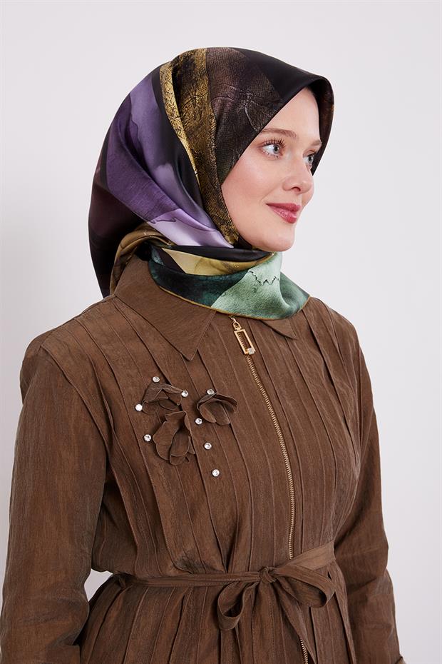 Haki Mermer Desen Twill İpek Eşarp