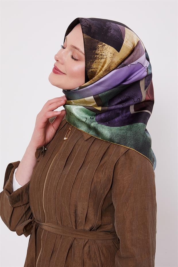 Haki Mermer Desen Twill İpek Eşarp