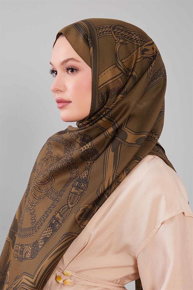 Haki Karışık Desenli Yün İpek Şal