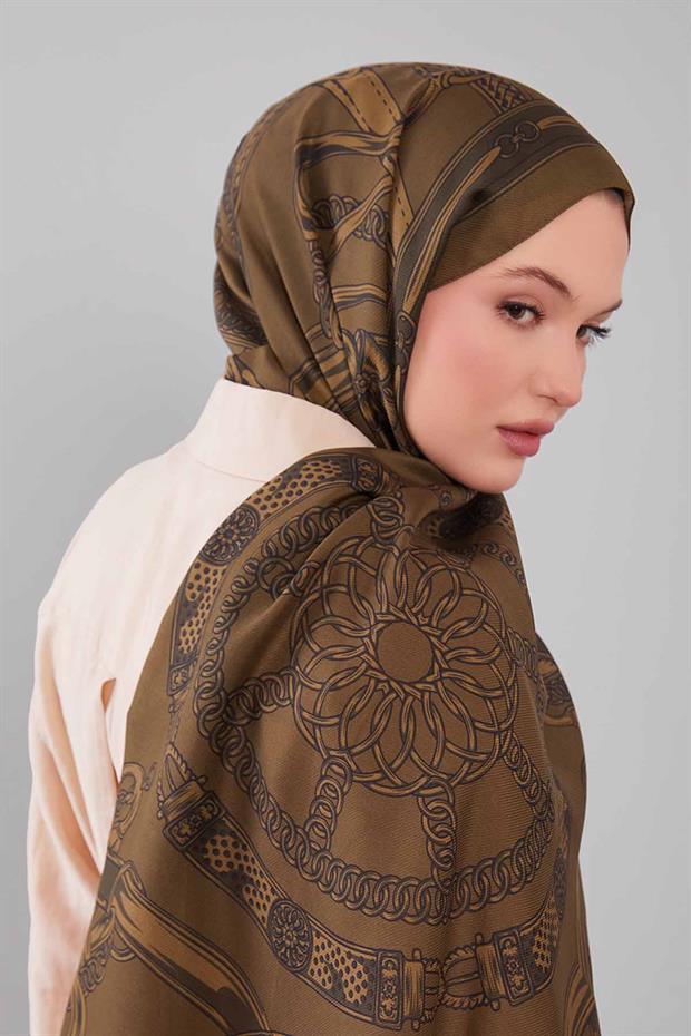 Haki Karışık Desenli Yün İpek Şal