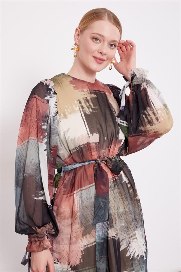 Haki Karışık Fırça Desen Şifon Tunik